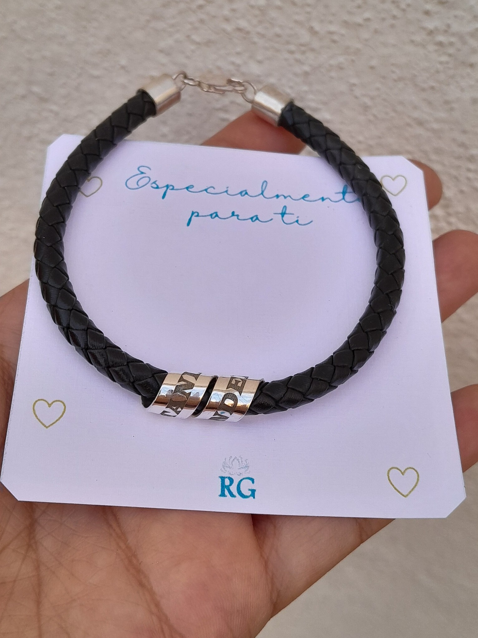 Pulsera Piel con Aro Espiral Personalizado en Plata .950