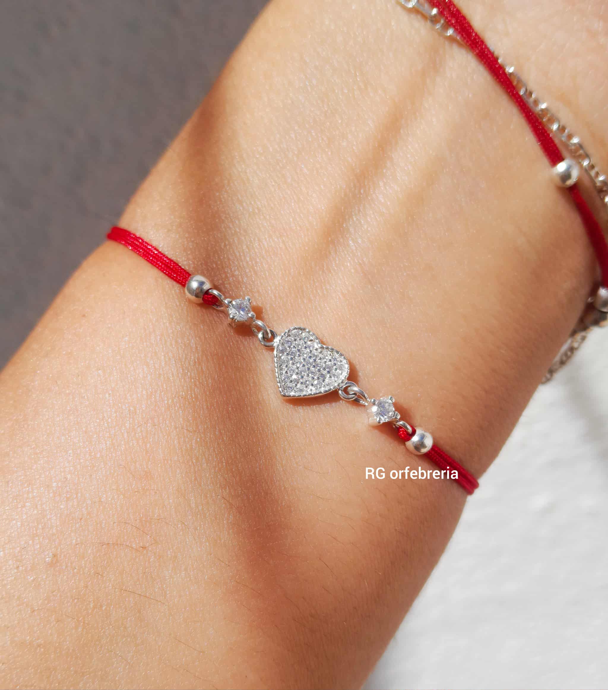 Pulsera Hilo Rojo de Corazón con Zirconias en Plata .925