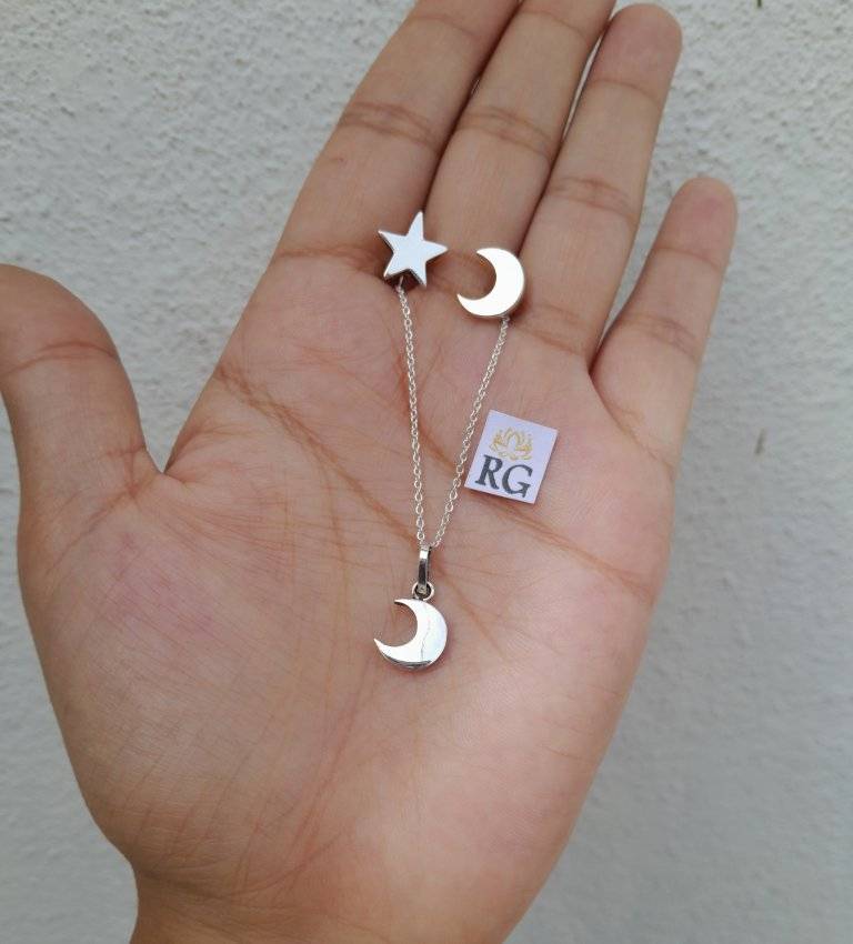 Aretes de Luna y Estrella con Collar en Plata .925