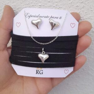 Aretes y Collar de Corazón Bombeado en Plata .925