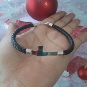 Pulsera de Cruz en Plata .950  con Piel Natural