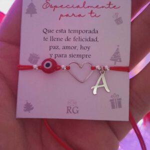 Pulsera de Hilo Rojo con Inicial, Ojo Turco y Corazón en Plata .925