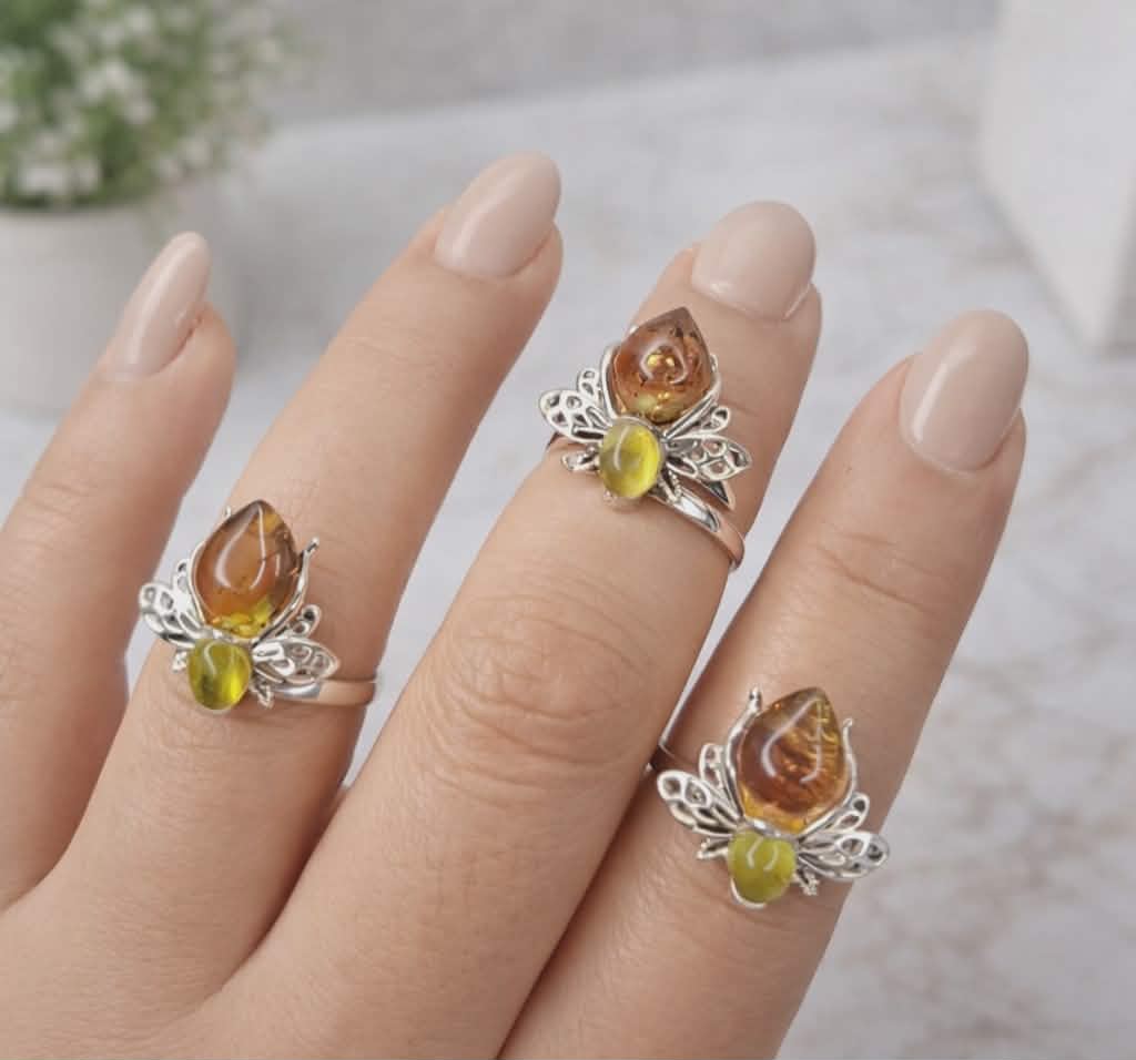 Anillo de Abeja con Piedra Ámbar en Plata .925